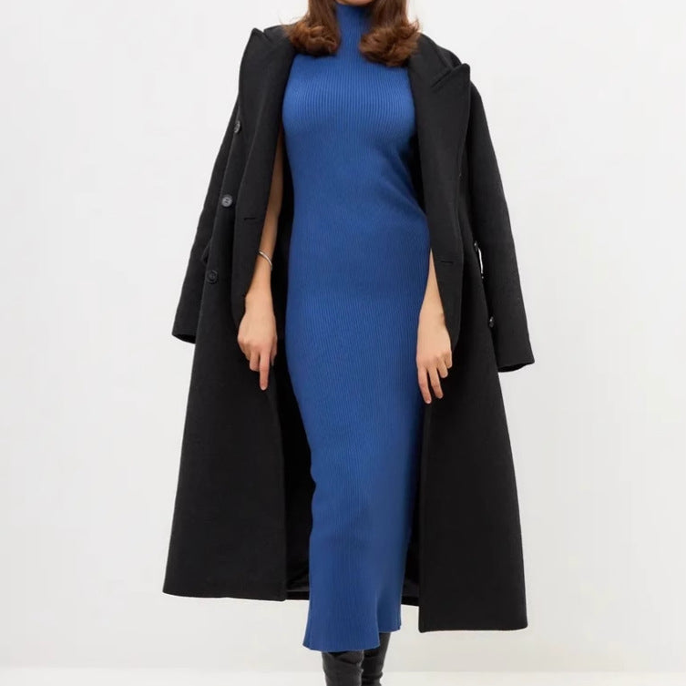 Damen Elegantes figurbetontes Maxikleid mit hochgeschlossenem Kragen und feiner Rippenstruktur Sovae