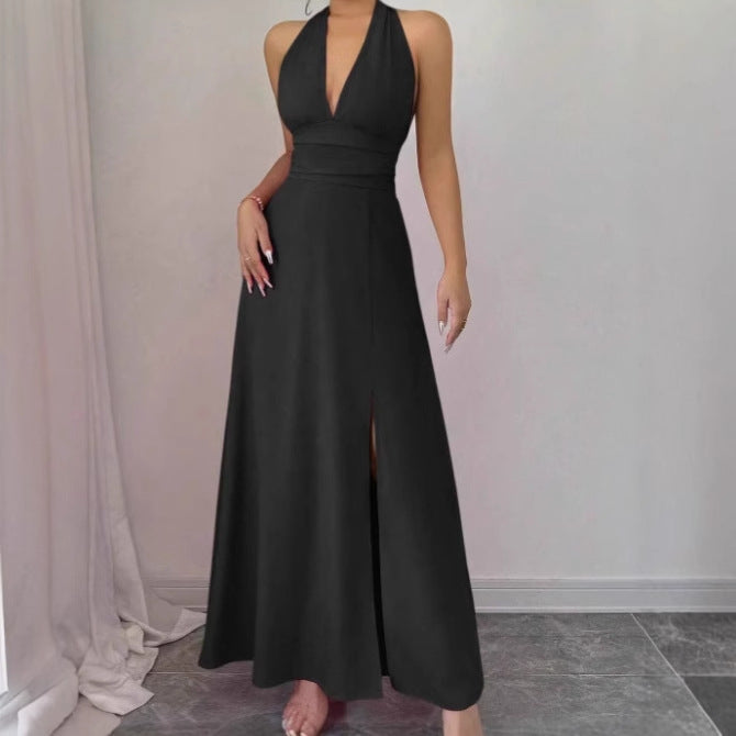 Damen schulterfreies Maxikleid mit verführerischem V-Ausschnitt und hochgeschlitztem Rock Sovae