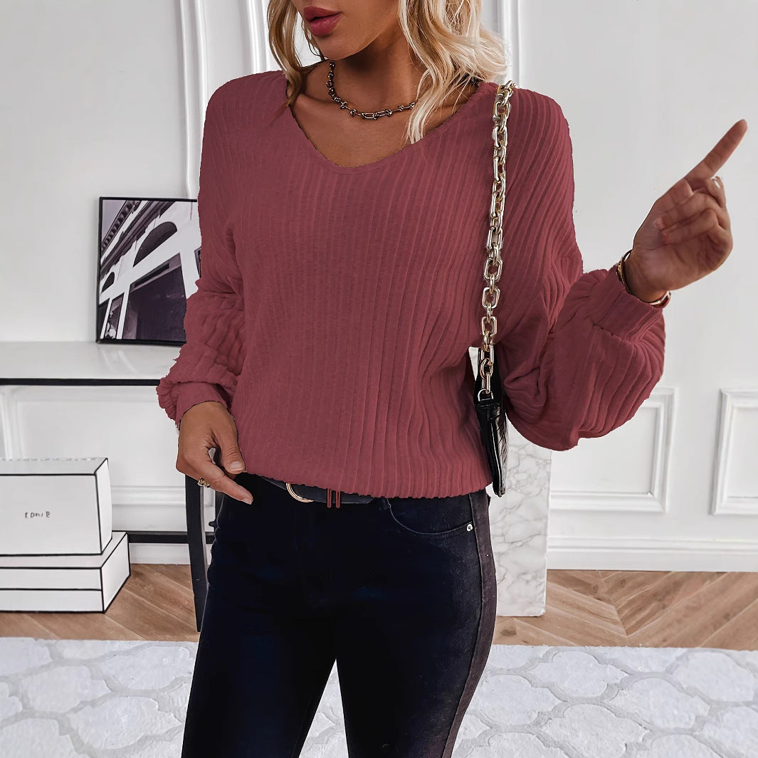 Damen lässiger Rippenpullover mit V-Ausschnitt Sovae