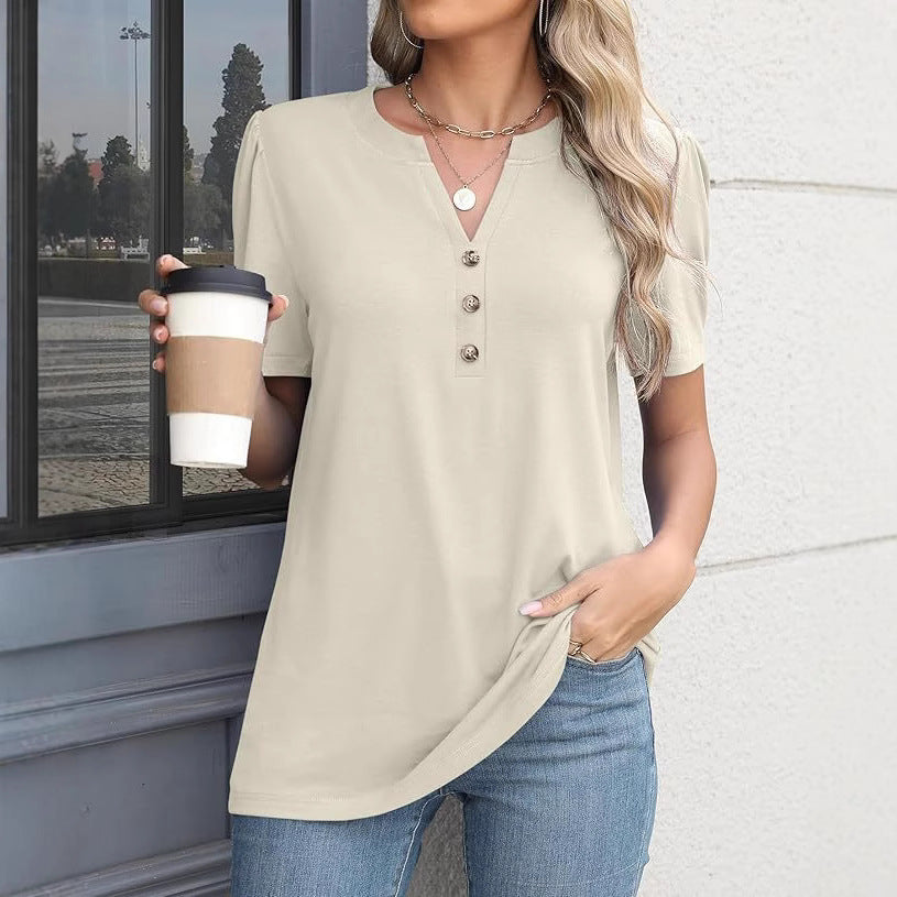 Damen modisches und bequemes Kurzarm-Shirt mit Knopfdetails Sovae