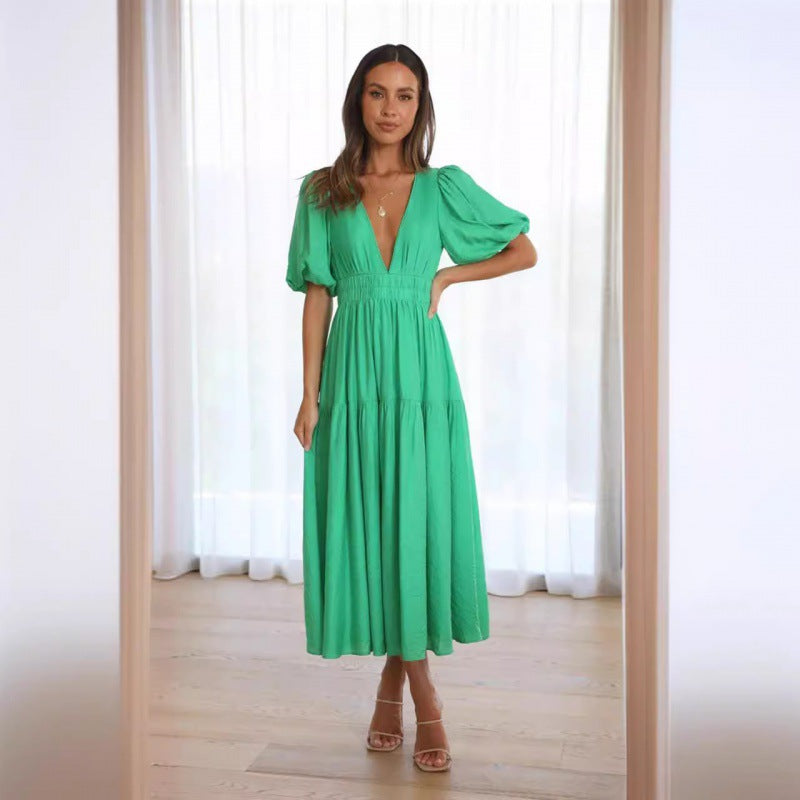 Damen Midi-Kleid mit Puffärmeln und tiefem V-Ausschnitt Sovae