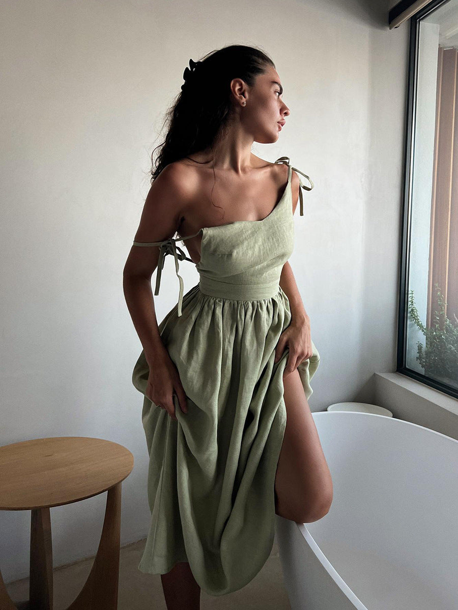 Damen Midi-Linnenkleid mit Spaghetti-Trägern Sovae