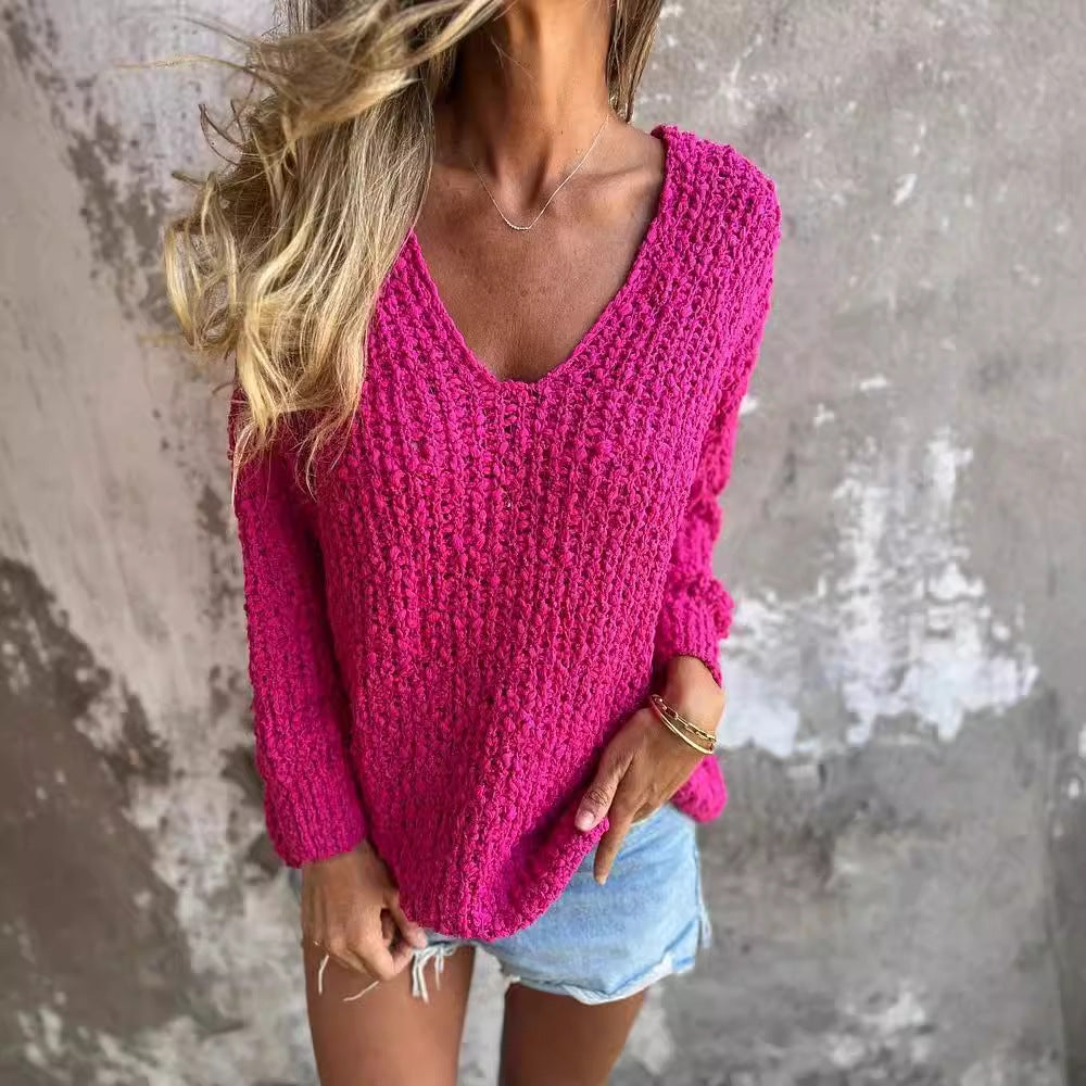 Damen lässiger Viskose-Strickpullover mit V-Ausschnitt Sovae