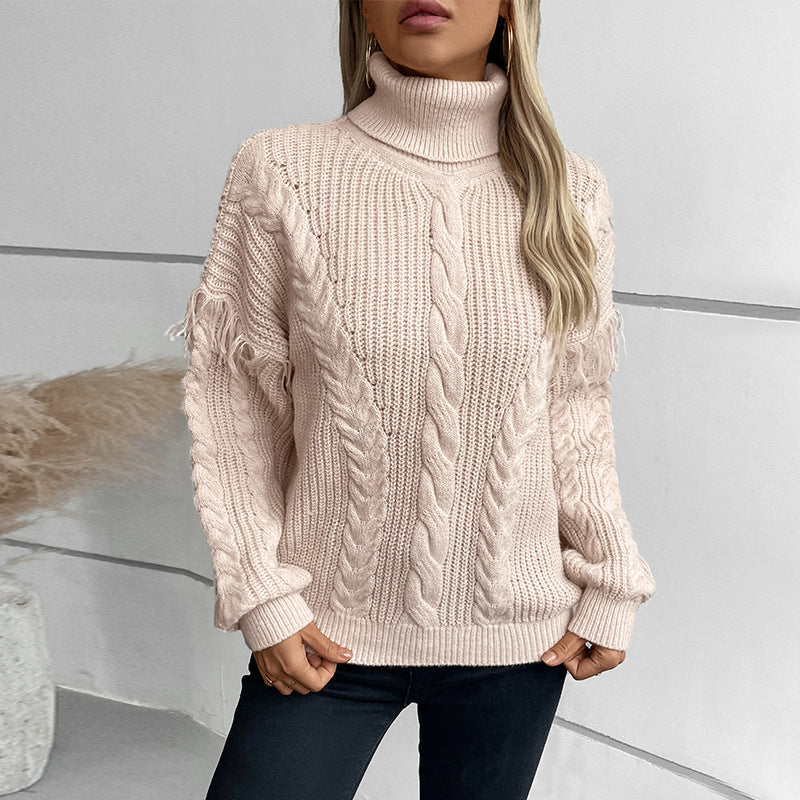 Damen Strickpullover mit hohem Kragen und Zopfmuster Sovae