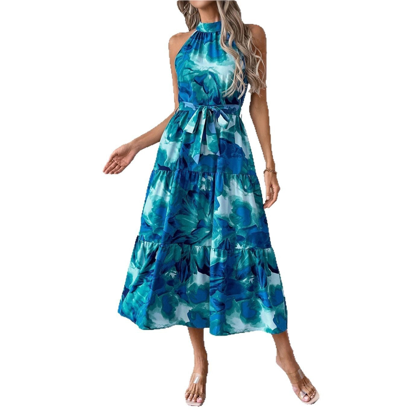 Damen Maxikleid mit hochgeschlossenem Hals und fließendem Stoff Sovae