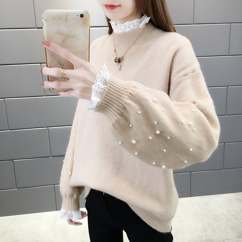 Damen trendiger Strickpullover mit Perlendetails und voluminösen Ärmeln Sovae