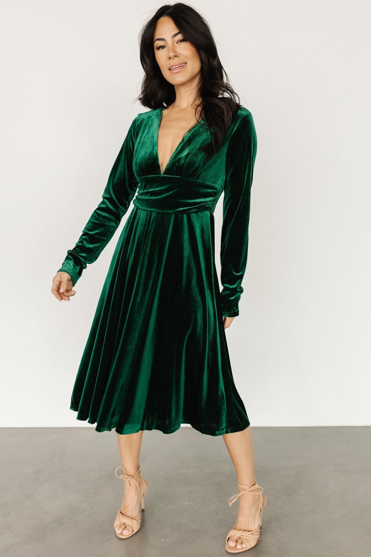 Damen elegantes Midi-Kleid aus luxuriösem Samt mit tiefem V-Ausschnitt Sovae
