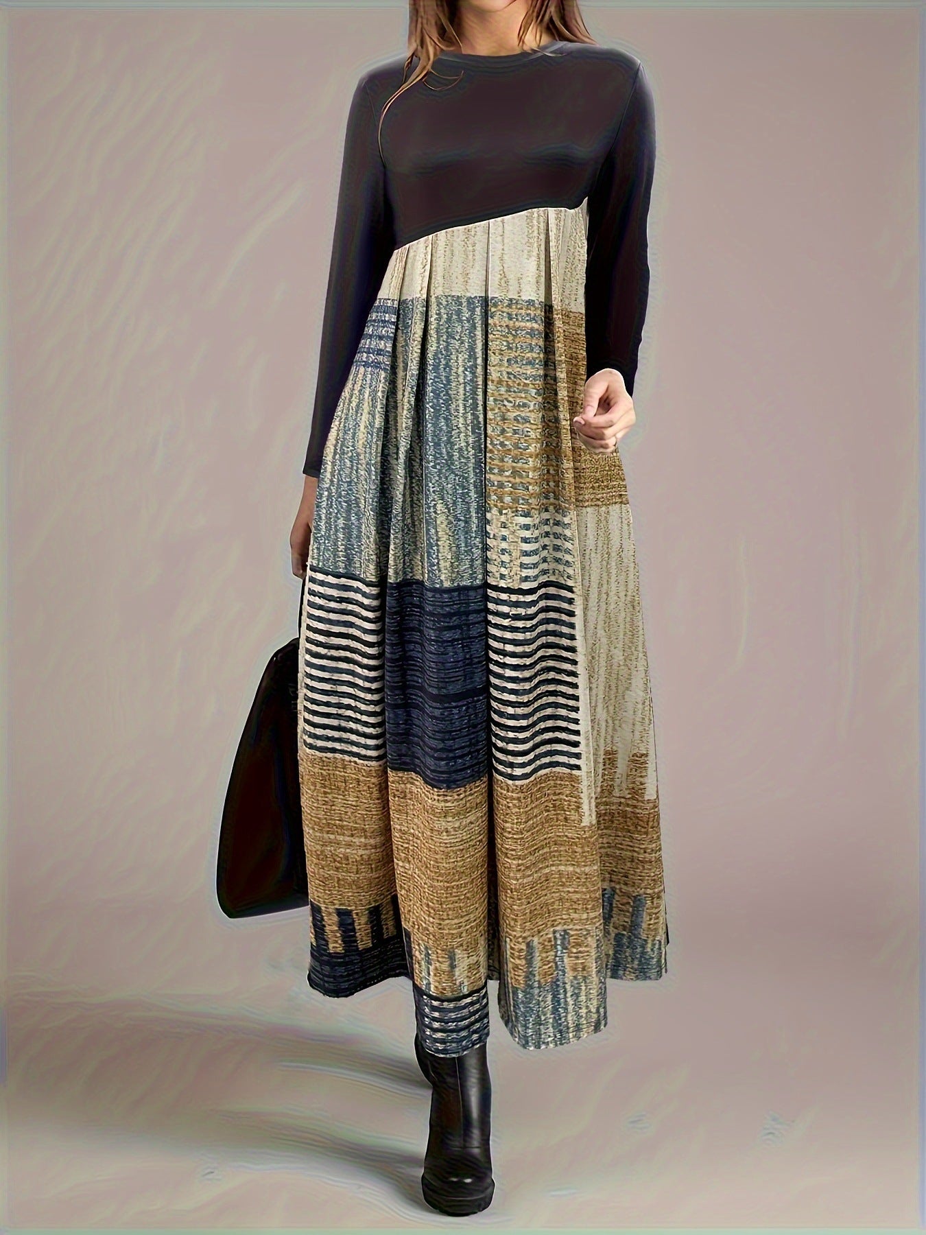 Damen elegantes Maxikleid mit Plissee und Kontraststreifen Sovae