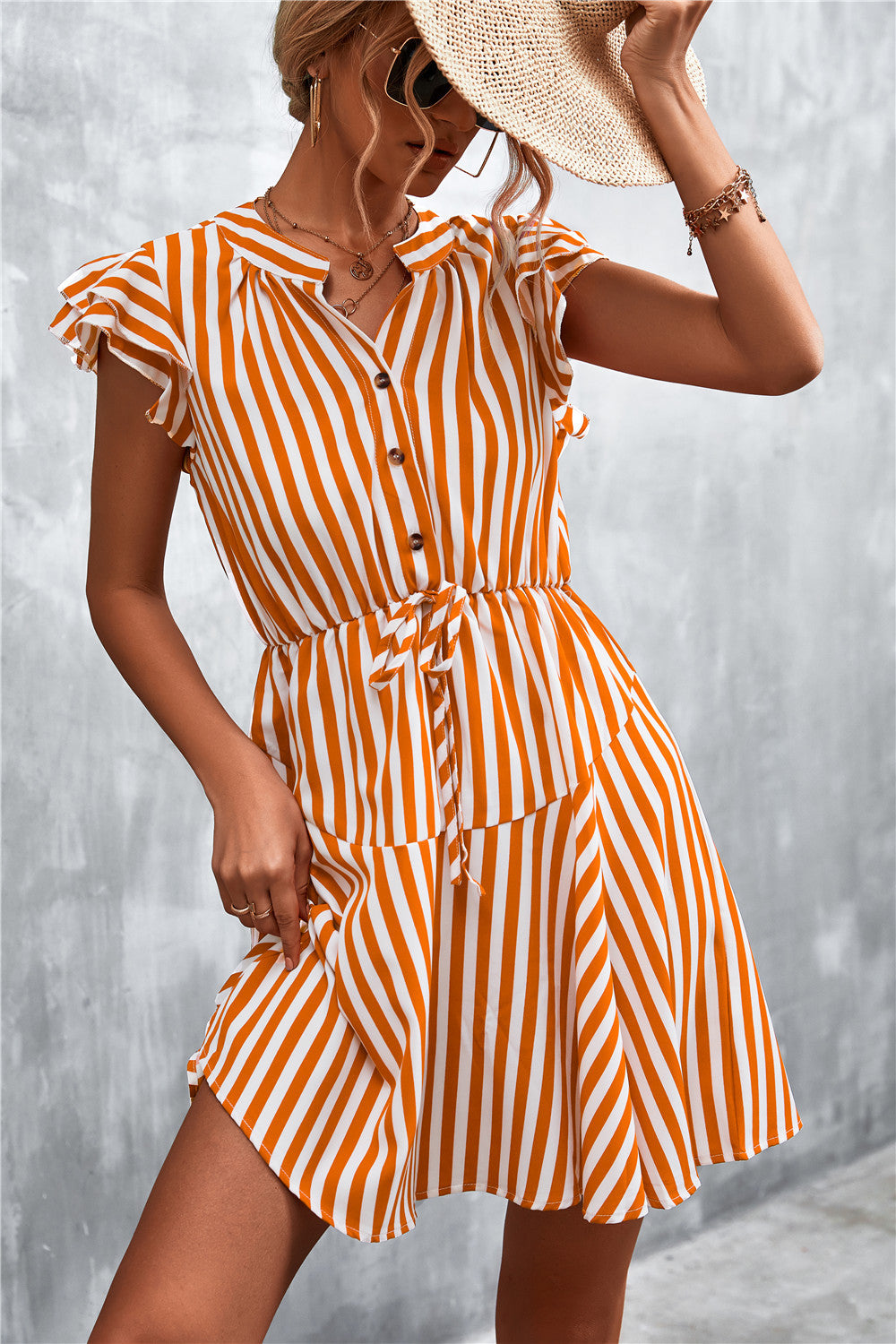 Damen Kurzarm-Kleid im angesagten Streifenlook mit Taillenzug und eleganten Rüschendetails Sovae