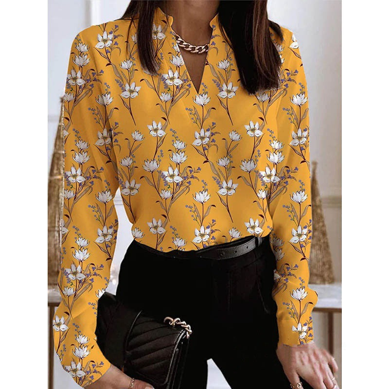Damen Blumenmuster Bluse mit V-Ausschnitt und langen Ärmeln Sovae