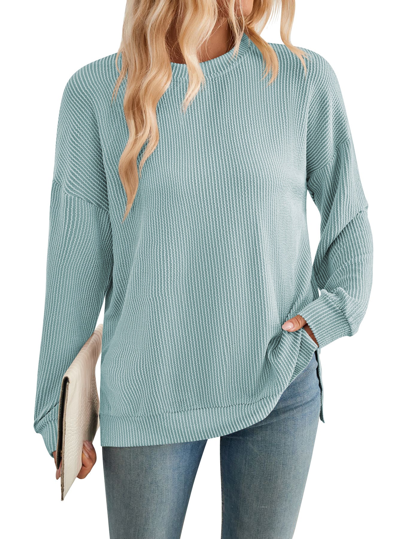 Damen lässiger Rippstrickpullover mit überschnittenen Schultern und Seitenschlitzen Sovae