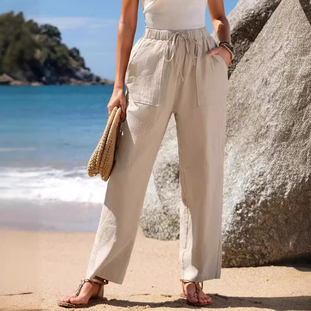 Damen weite Leinenhose mit elastischem Bund und Taschen Sovae