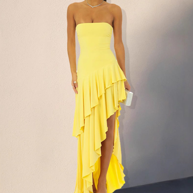 Damen Langarm Maximalkleid mit Rüschendetails und schrägem Saum Sovae