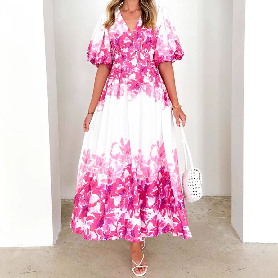 Damen luftiges Maxikleid mit voluminösen Ärmeln und floralem Print Sovae