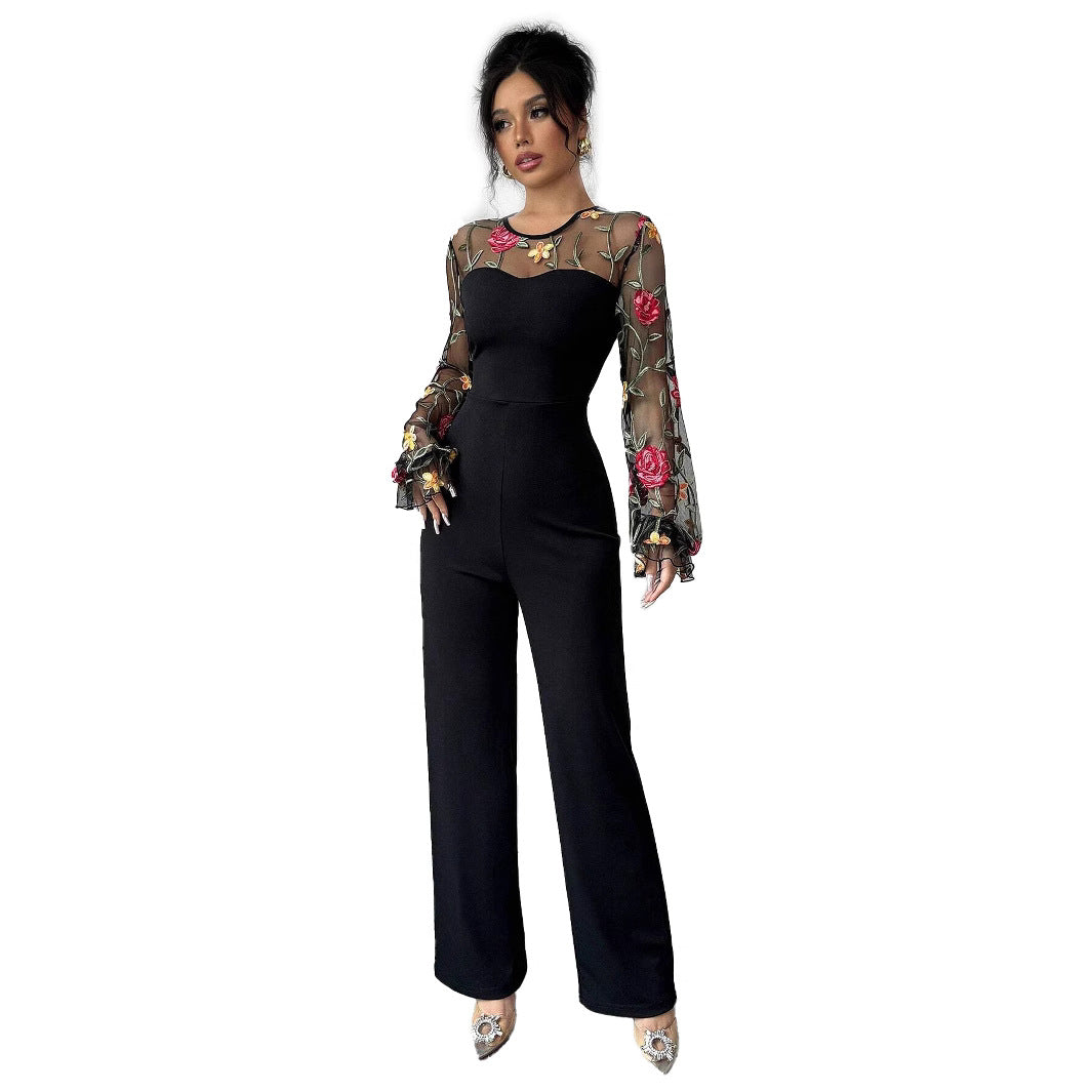 Damen Eleganter Jumpsuit mit bestickten transparenten Ärmeln Sovae