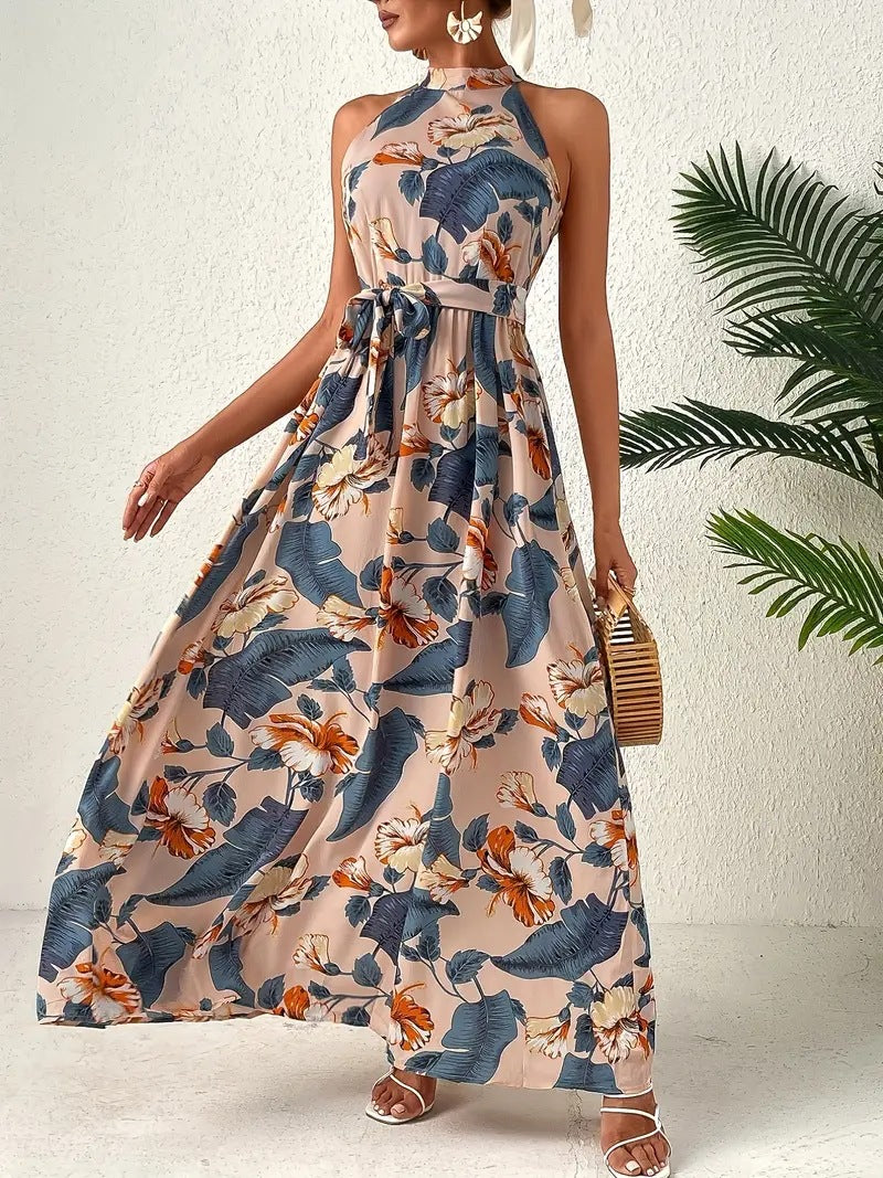 Damen Maxikleid mit floralem Muster und Taillengürtel Sovae