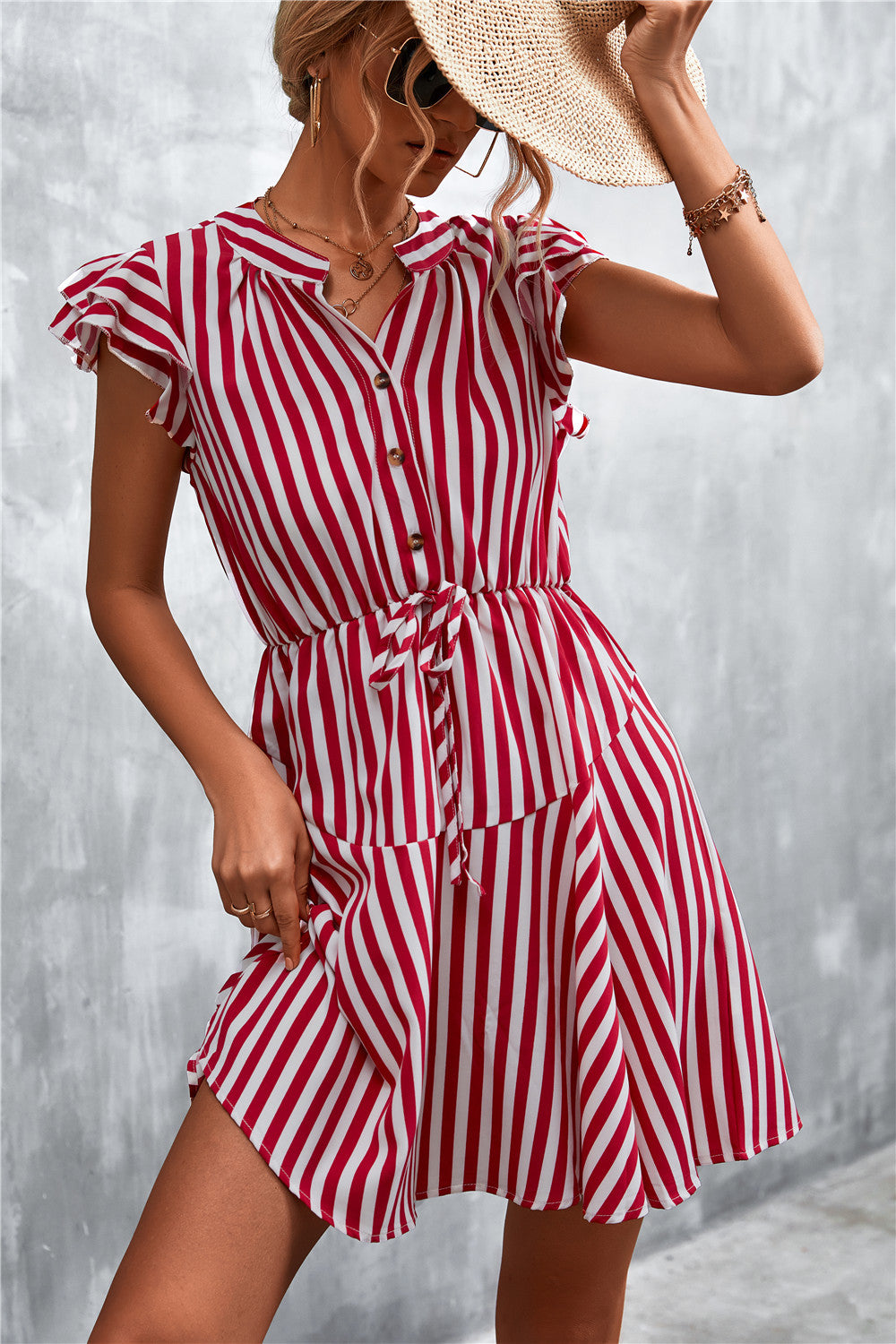 Damen Kurzarm-Kleid im angesagten Streifenlook mit Taillenzug und eleganten Rüschendetails Sovae