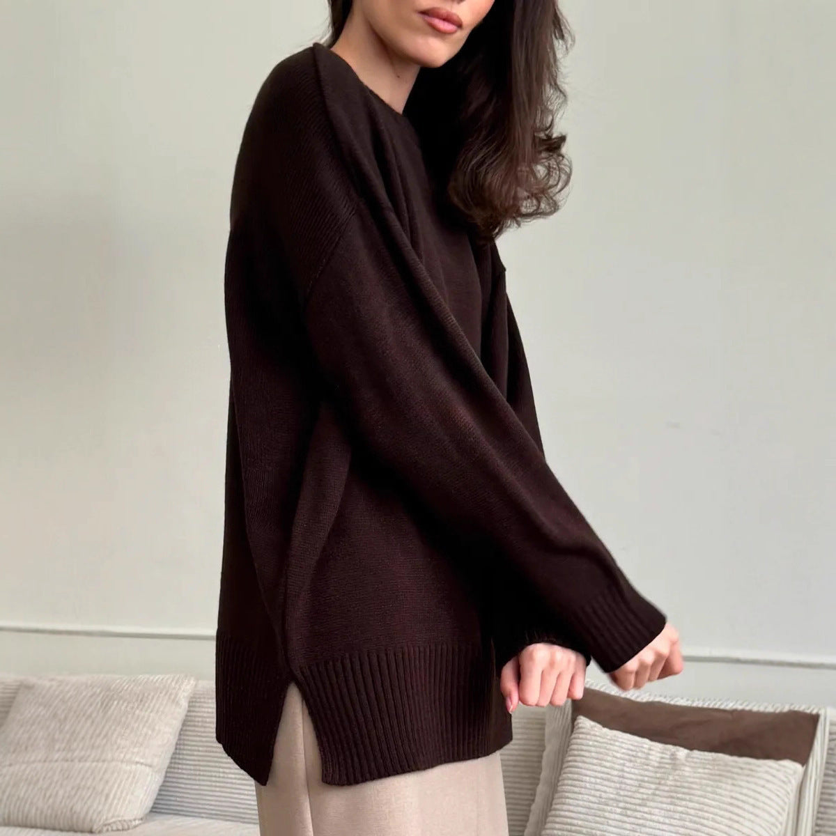 Damen Großer Strickpullover mit überschnittenen Schultern und Rippenbündchen Sovae