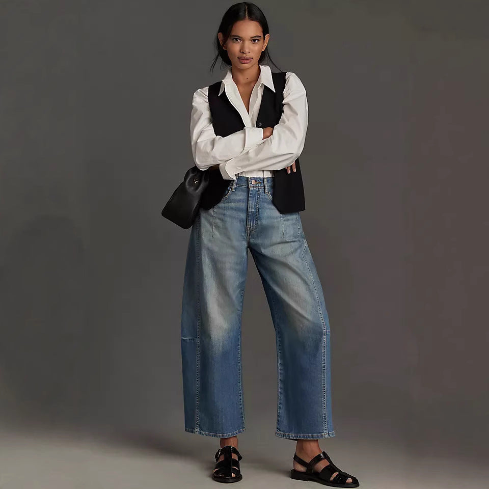 Damen Weit geschnittene High-Waist Jeans mit modischem Detail Sovae