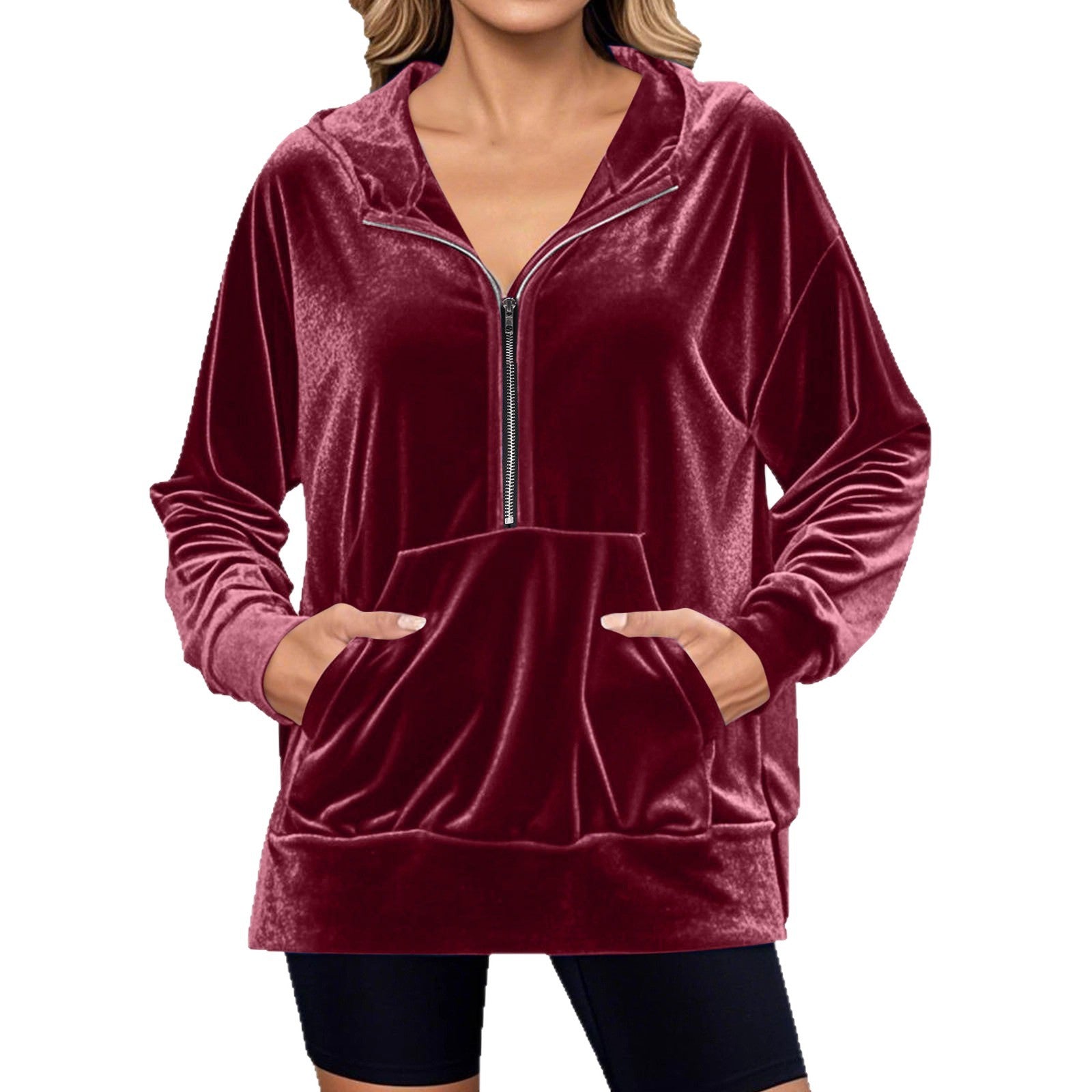 Damen Lässiger Velvet Hoodie mit praktischem Reißverschluss und Kängurutasche Sovae