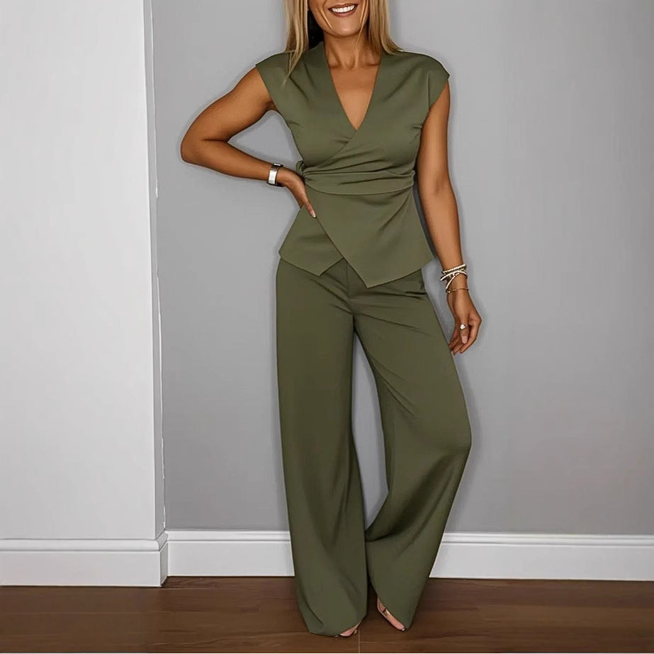 Damen elegantes Jumpsuit mit Wickeldesign und weitem Bein Sovae