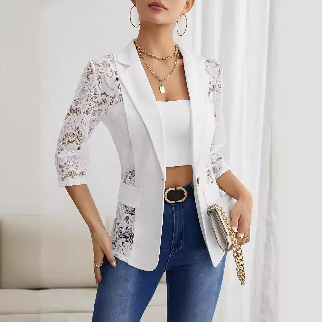 Damen Eleganter Spitzenblazer mit transparenten Ärmeln Sovae