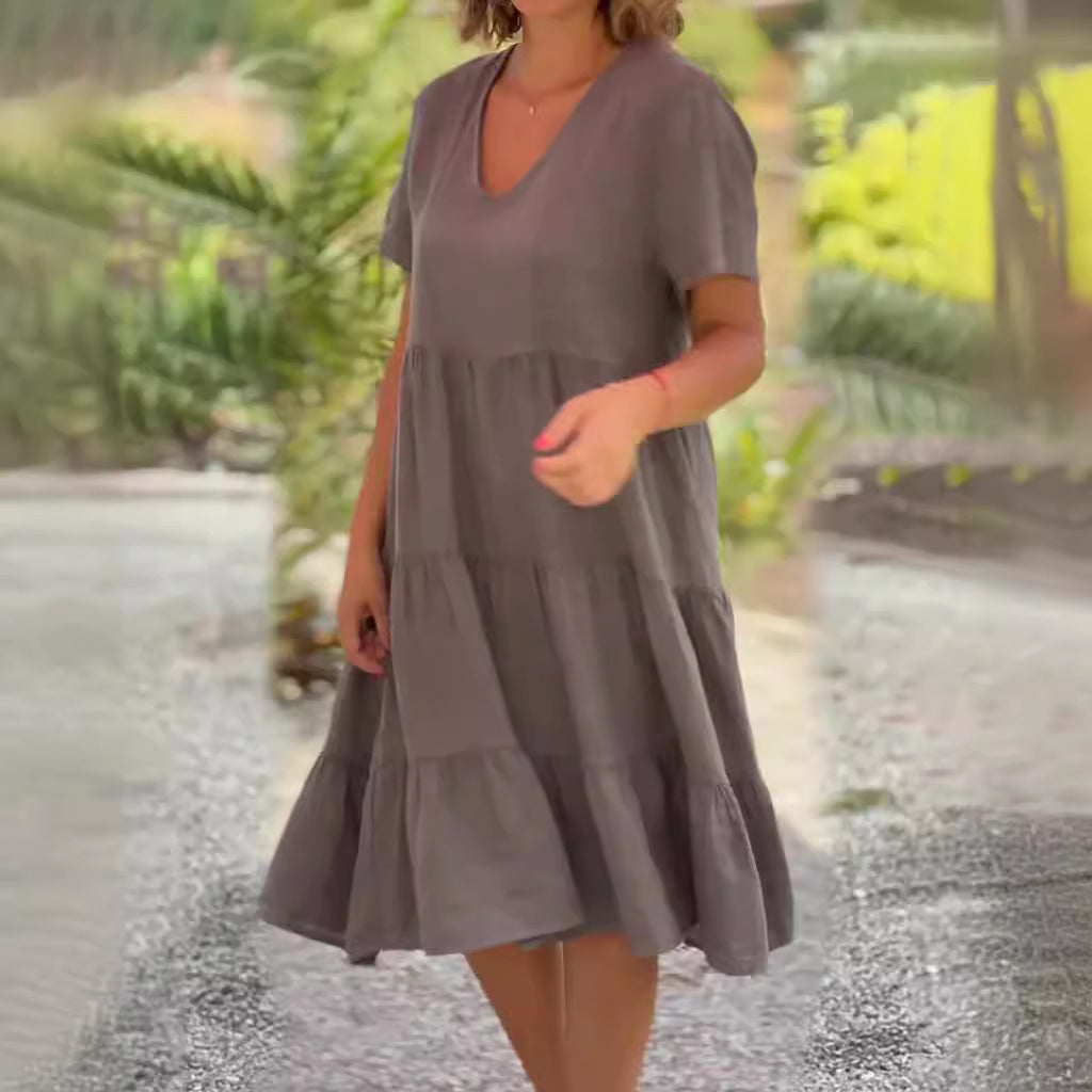 Damen luftiges V-Ausschnitt Kleid mit schwingendem Saum Sovae