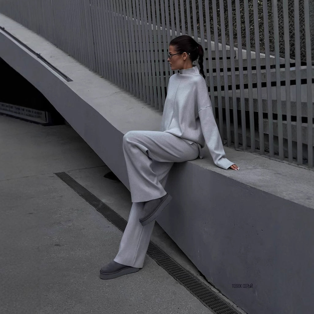Damen lässiges Strickensemble mit hohem Kragen Sovae