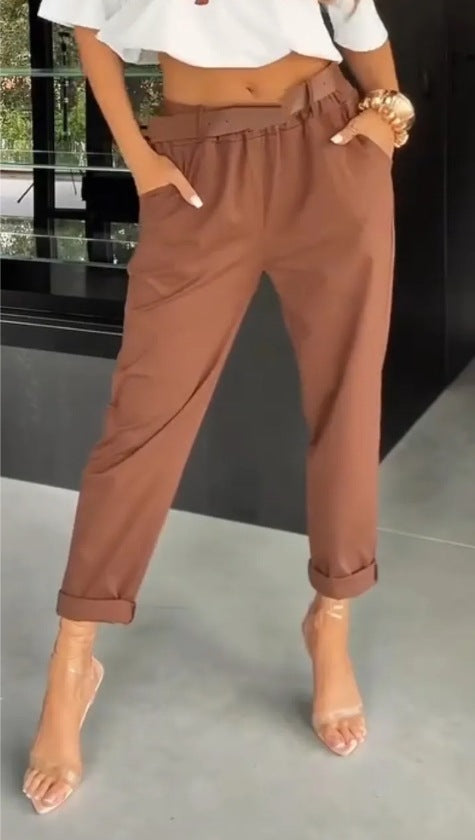 Damen elegante Baumwollhose mit hoher Taille und lässigen Falten Sovae