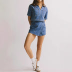 Damen Denim Crop-Shirt und Minirock Set Sovae