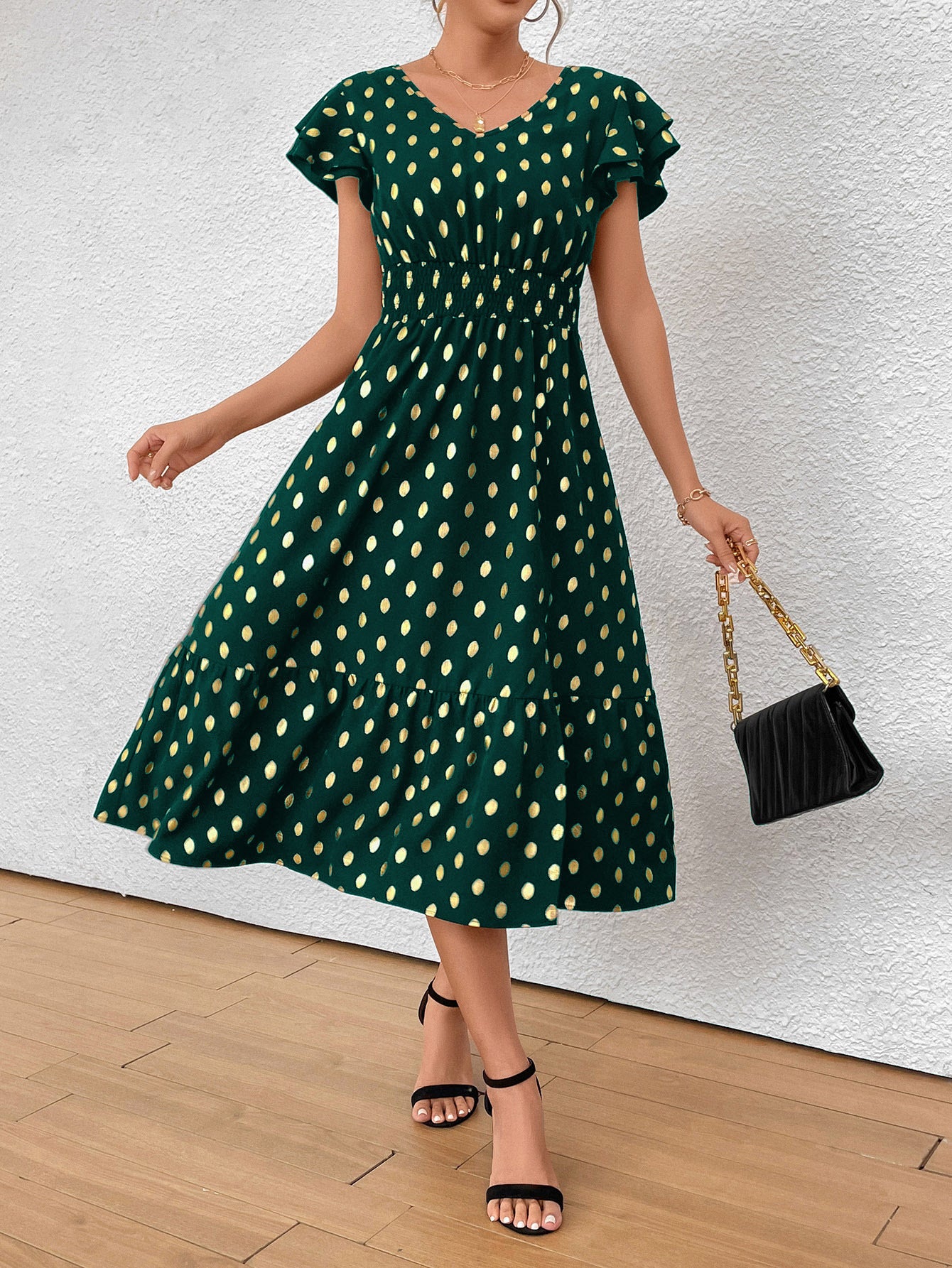 Damen Midikleid mit Rüschendetails und goldenen Punkten Sovae