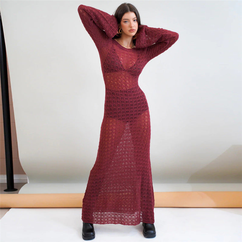 Damen Transparente Maxikleid mit strukturiertem Häkelmuster Sovae