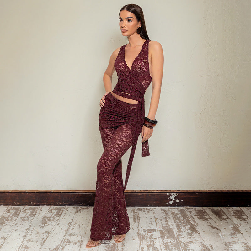 Damen Elegantes Spitzenset mit Hochgeschnittenem Top und Flared-Hosen Sovae