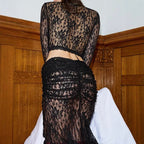 Damen Spitzen-Crop-Top mit verspieltem Schnürdetails und langen Ärmeln Sovae