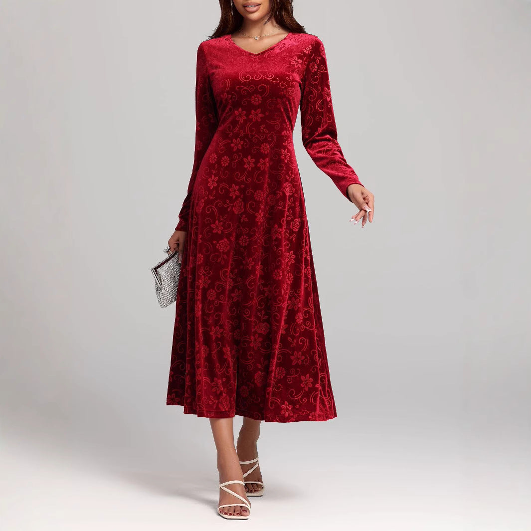 Damen Samt-Maxikleid mit floralen Mustern und langem Arm Sovae