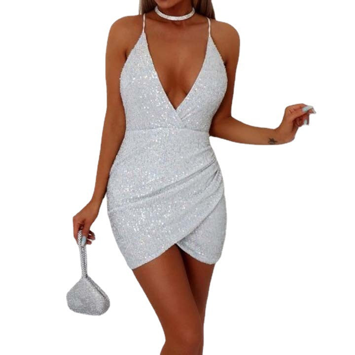 Damen Funkelndes Minikleid mit tiefem V-Ausschnitt Sovae