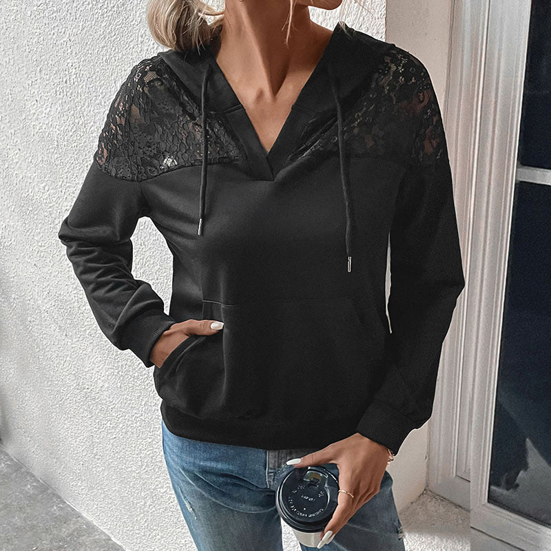 Damen Kapuzenpullover mit Spitzenbesatz und Kängurutasche Sovae