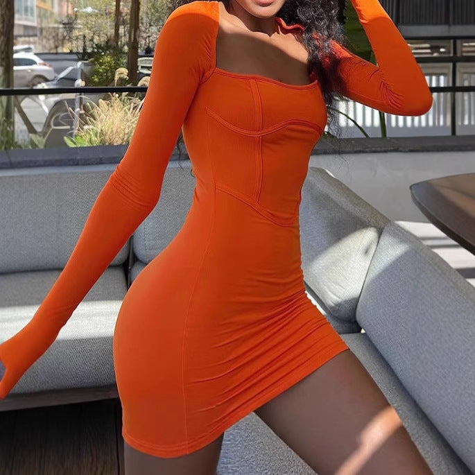 Damen figurbetontes Minikleid mit quadratischem Ausschnitt und langen Ärmeln Sovae