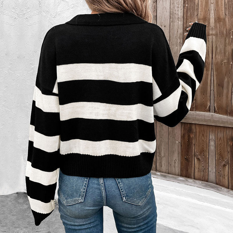 Damen Strickpullover mit V-Ausschnitt und Streifenmuster Sovae