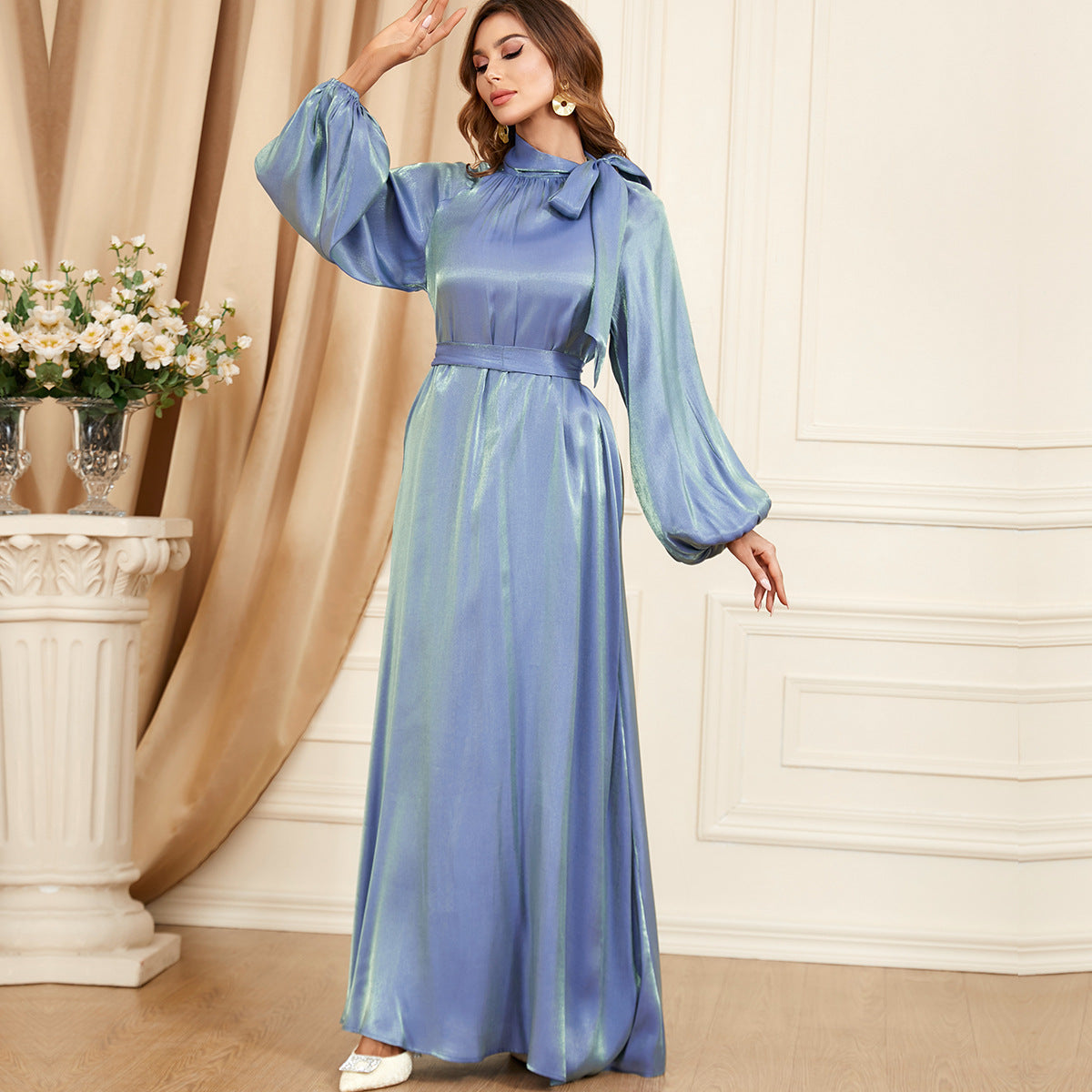 Damen Elegantes, langes Satin-Maxikleid mit Volantärmeln Sovae