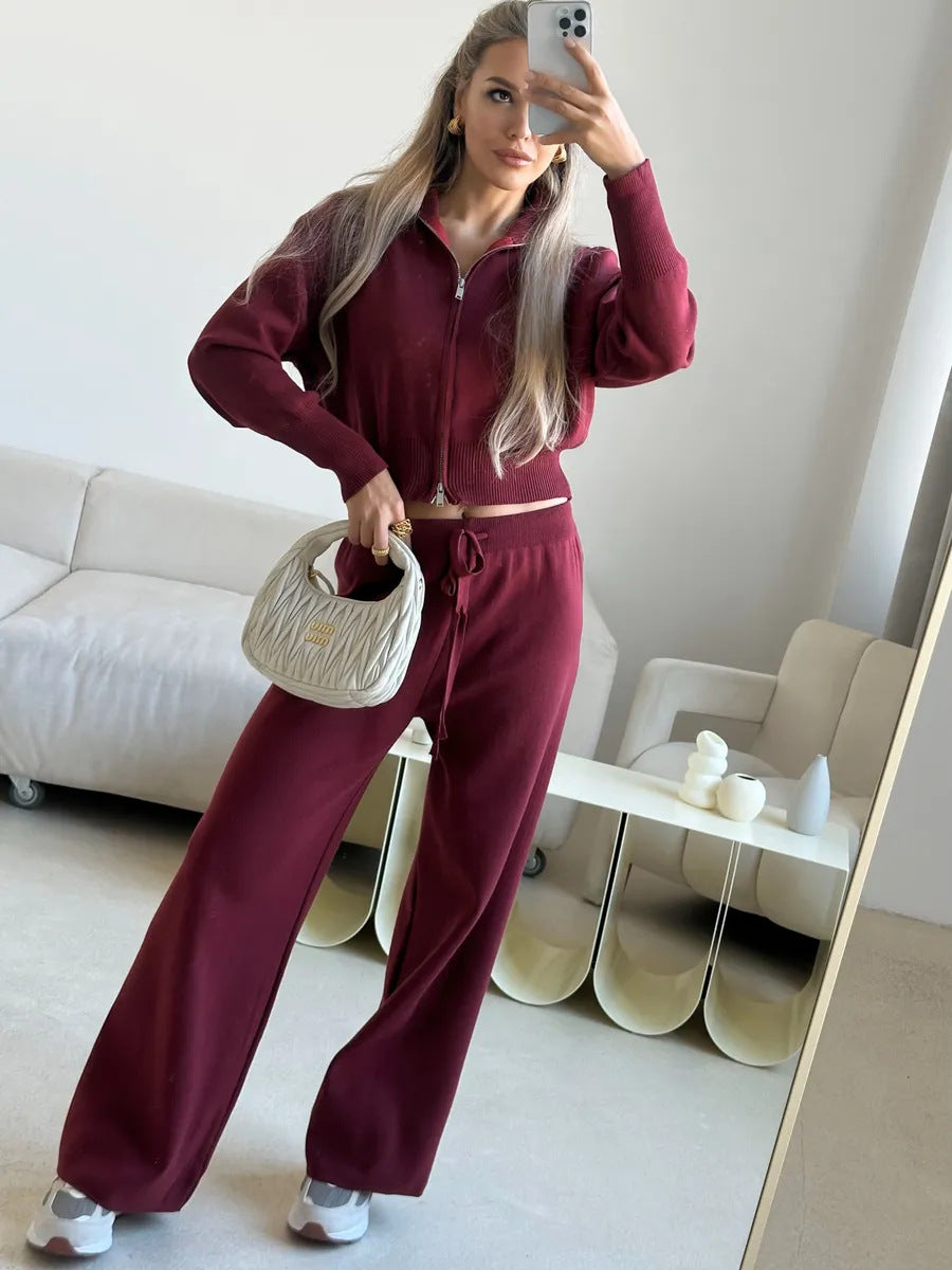 Damen lockerer Strick-Loungewear-Anzug mit hohem Kragen Sovae