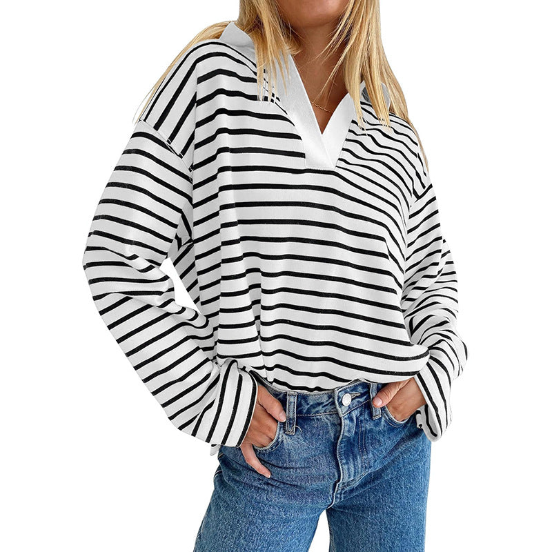 Damen Lässiger und modischer Pullover mit breiten Streifen und V-Ausschnitt Sovae