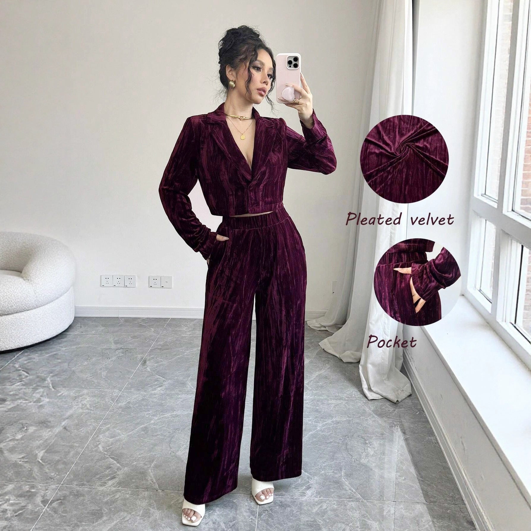 Damen eleganter Velours Jumpsuit mit seitlichem Reißverschluss Sovae