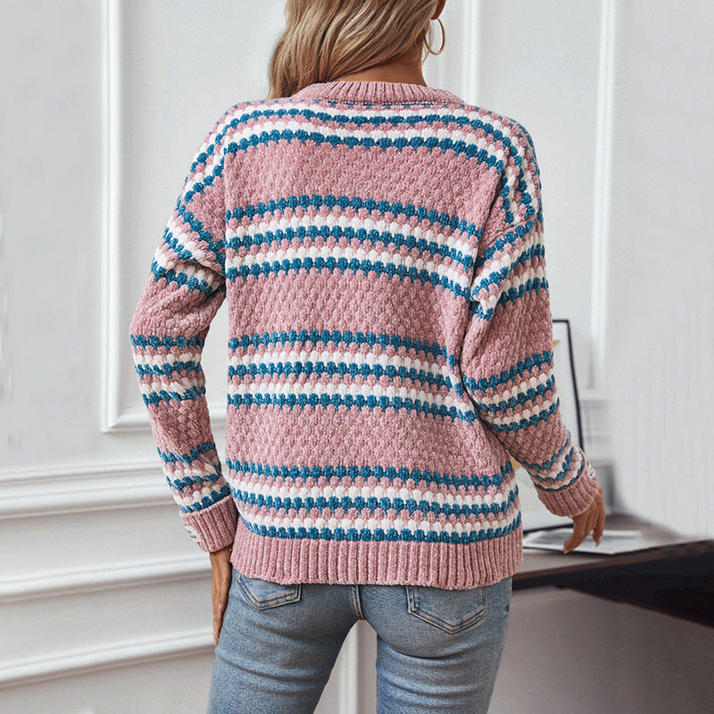 Damen Strickpullover mit strukturiertem Mustermix und bequemem Rundhalsausschnitt Sovae
