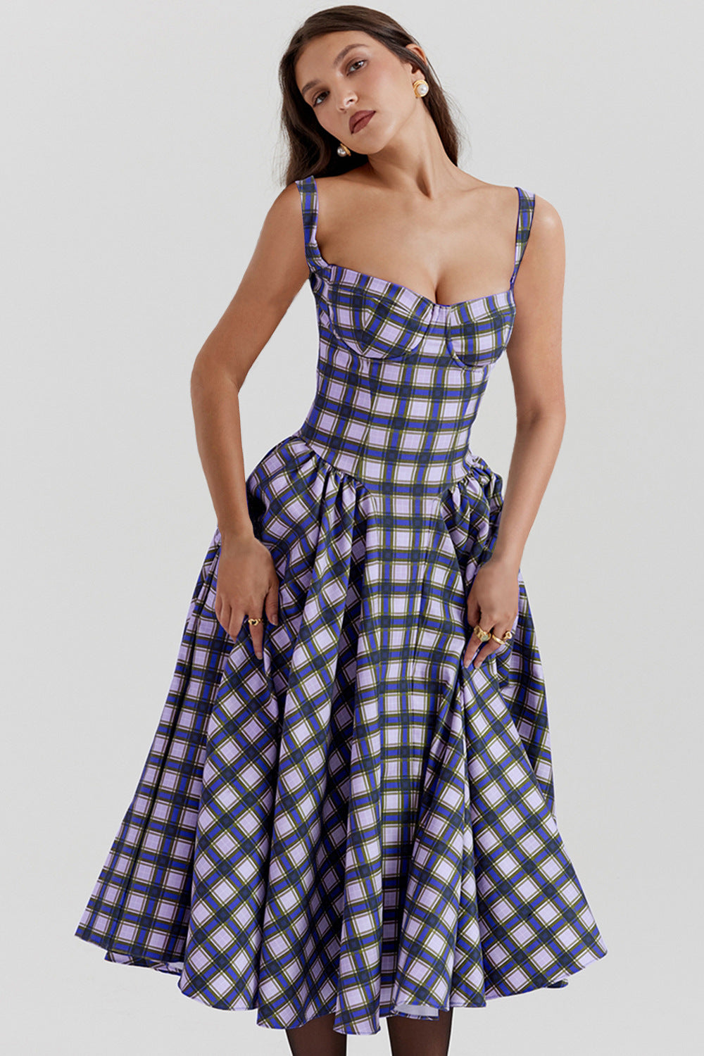 Damen Midikleid mit gerafftem Rock und modernem Karomuster Sovae