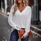 Damen V-Ausschnitt Langarmoberteil mit dekorativen Knöpfen Sovae