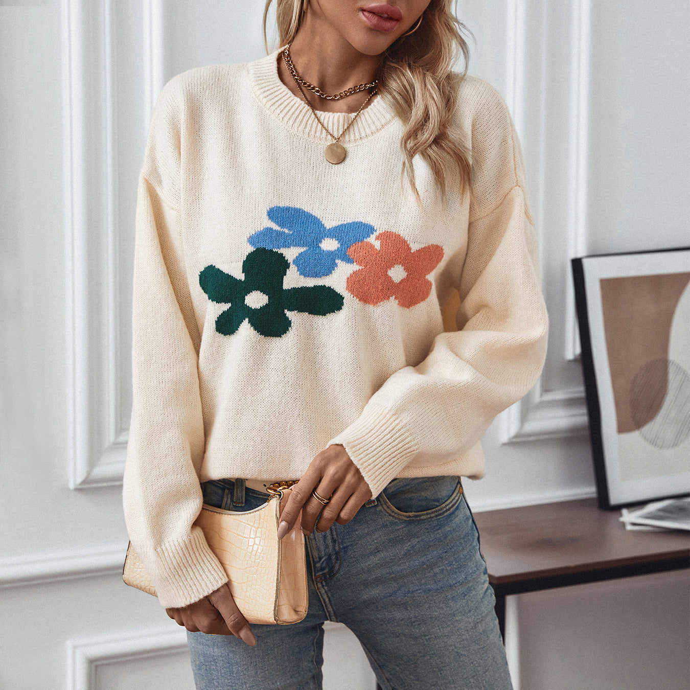 Damen lässiger Pullover mit floralen Motiven und Rundkragen Sovae
