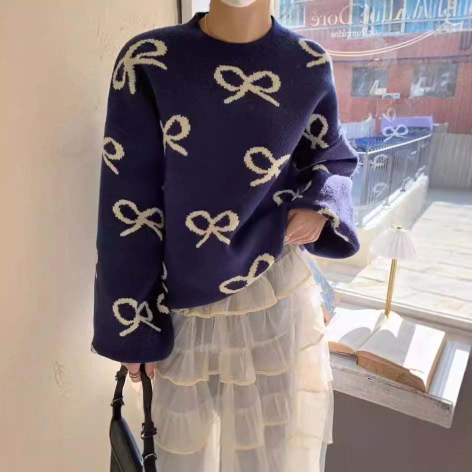 Damen Weicher Pullover mit romantischem Schleifenmuster Sovae