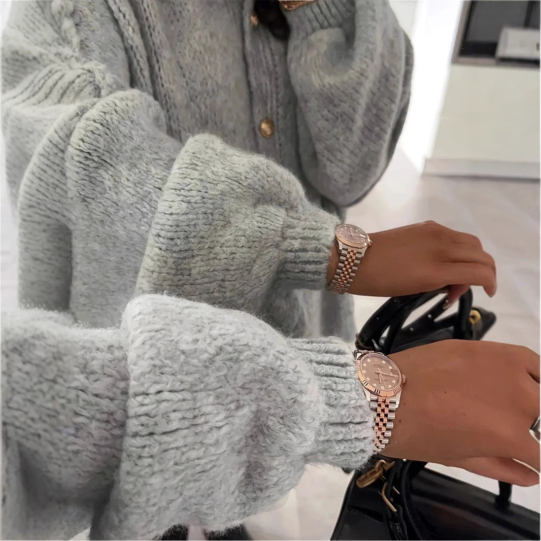 Damen Oversized Strickjacke mit stylischen Puffärmeln und Knopfleiste Sovae