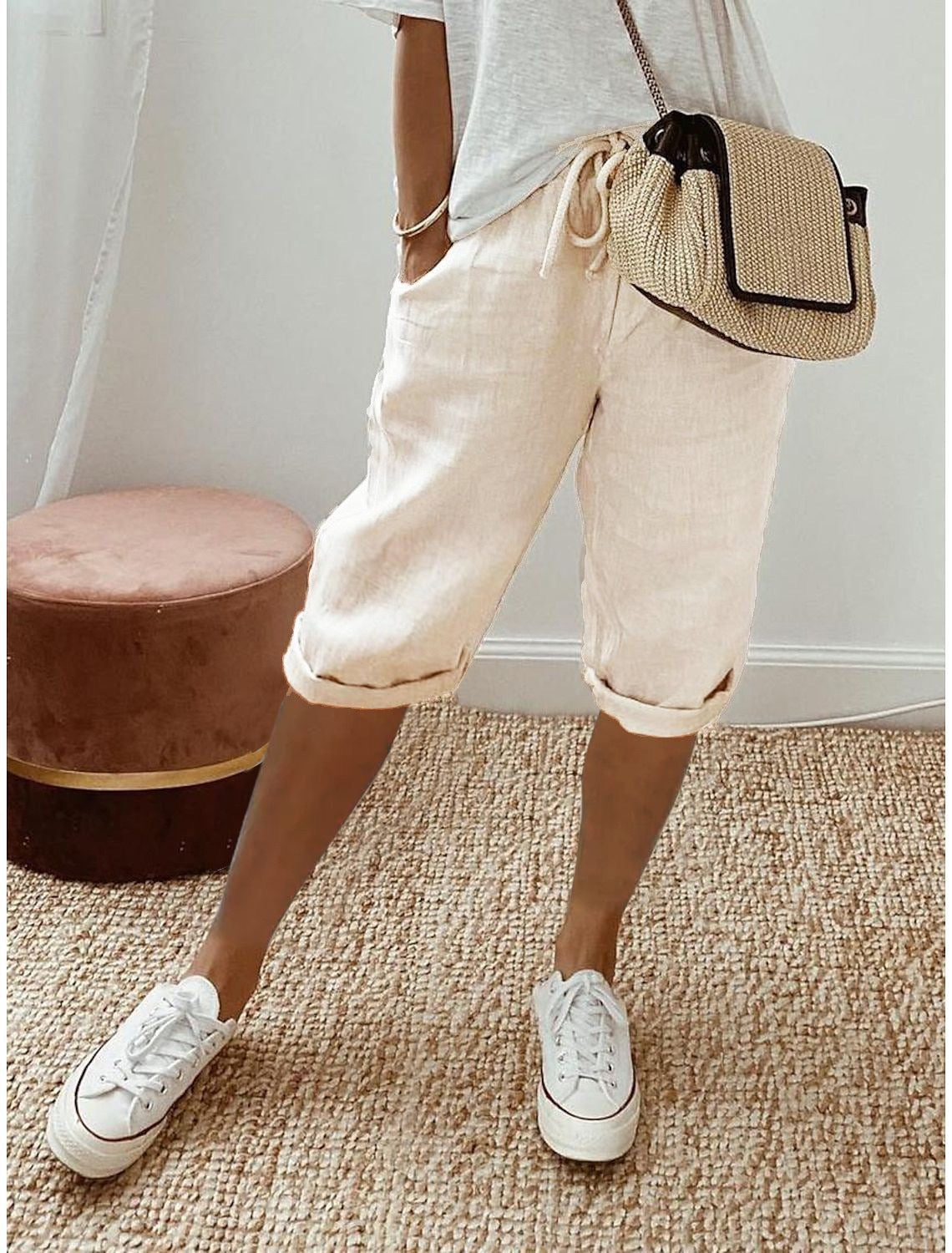 Damen lässige Leinen-Shorts mit elastischem Bund und praktischen Taschen Sovae